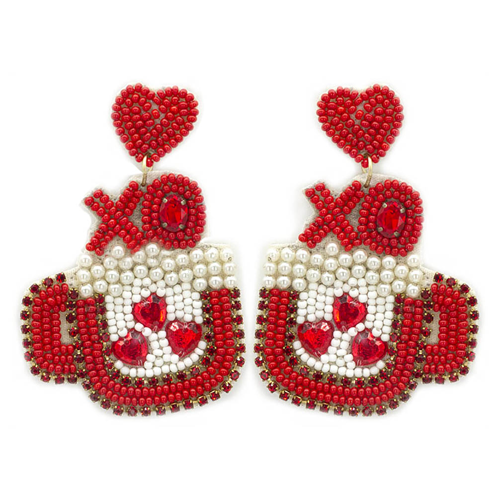 Heart-shaped cup earring with XO seed bead center and rhinestone post drop in silver tone.