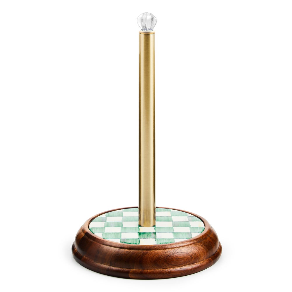 Emerald Check Wood Paper Towel Holder with acacia wood base, green checkered plate, and brass post.