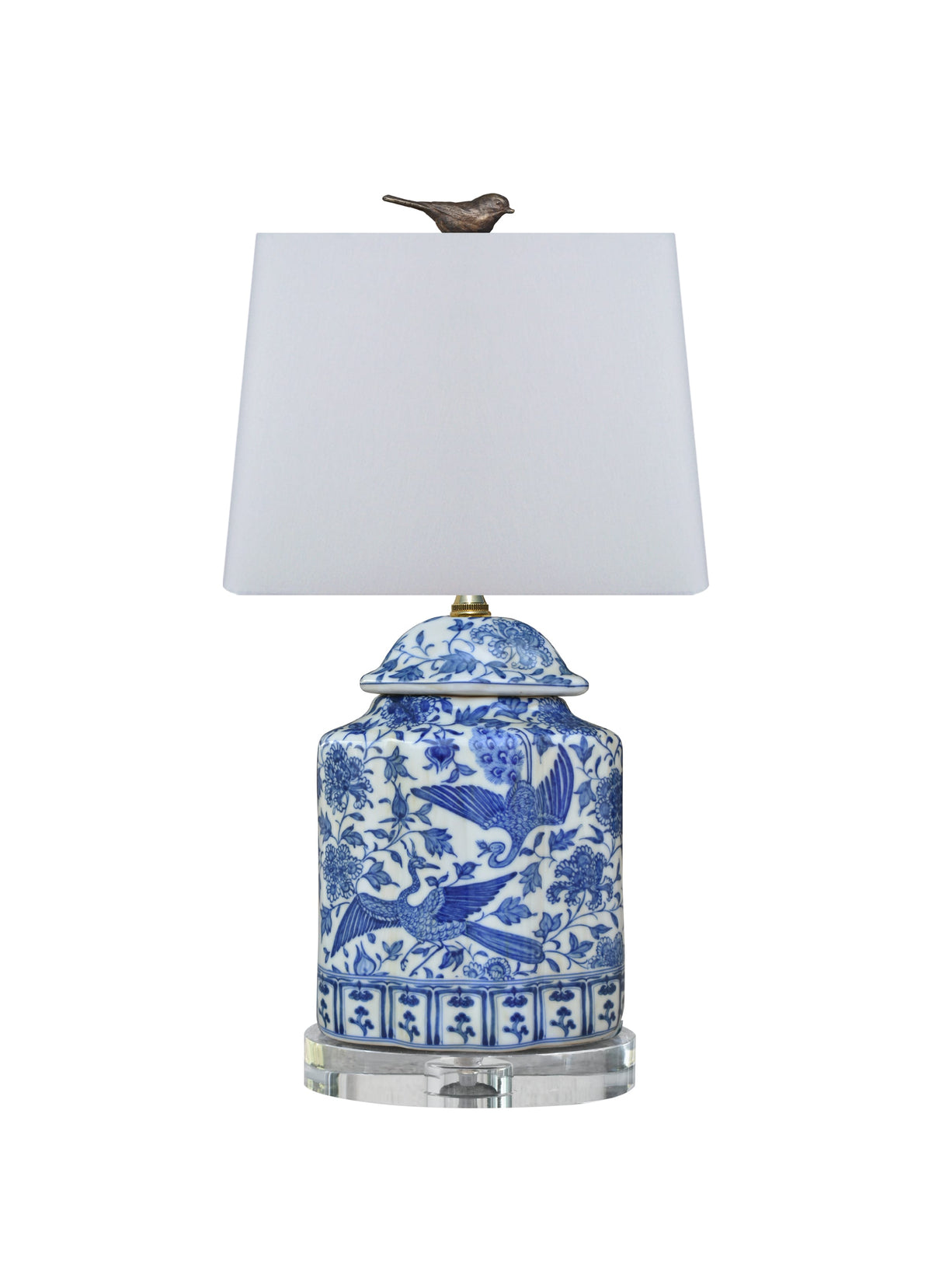 Blue and white porcelain bird jar lamp with a crystal base and white rectangular shade.