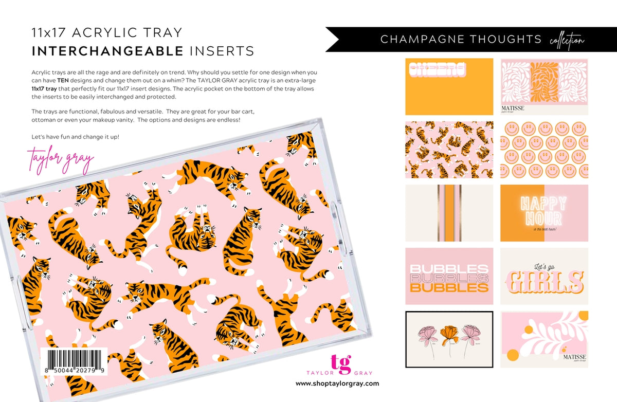 11x17 acrylic tray with ten interchangeable inserts featuring various colorful patterns and quotes.