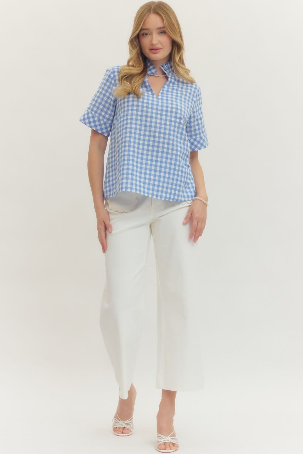Natalie gingham short sleeve top with stand collar V-neck in white cotton