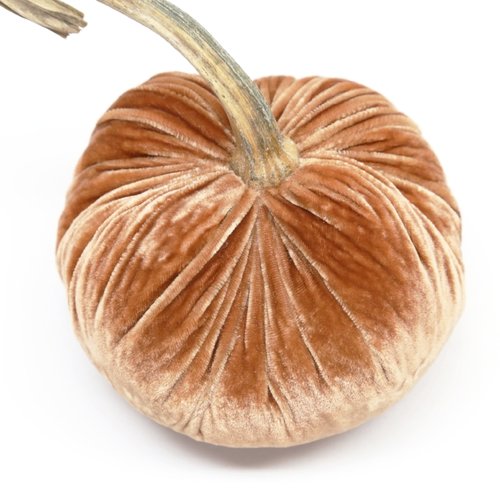 Handmade orange velvet pumpkin with a natural stem.