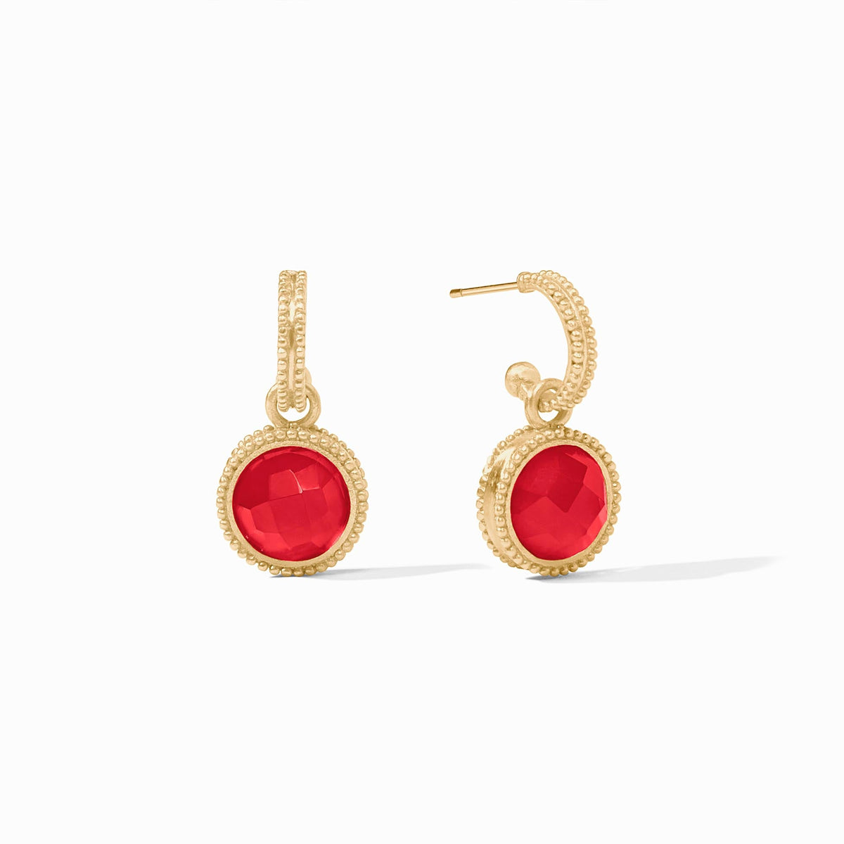 Fleur-de-Lis gold hoop earrings with round faceted red glass charms.