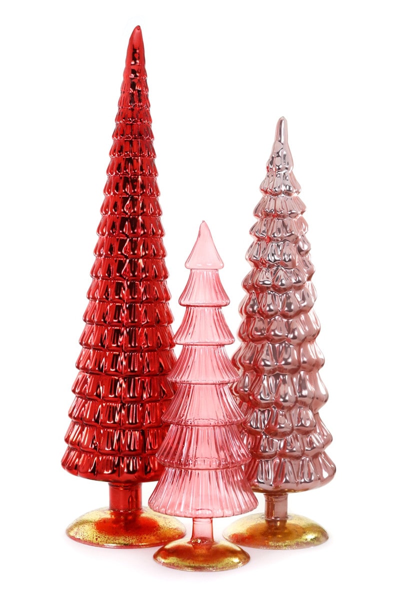 Red glass tree sculpture with large leaf-like branches in a natural organic silhouette.