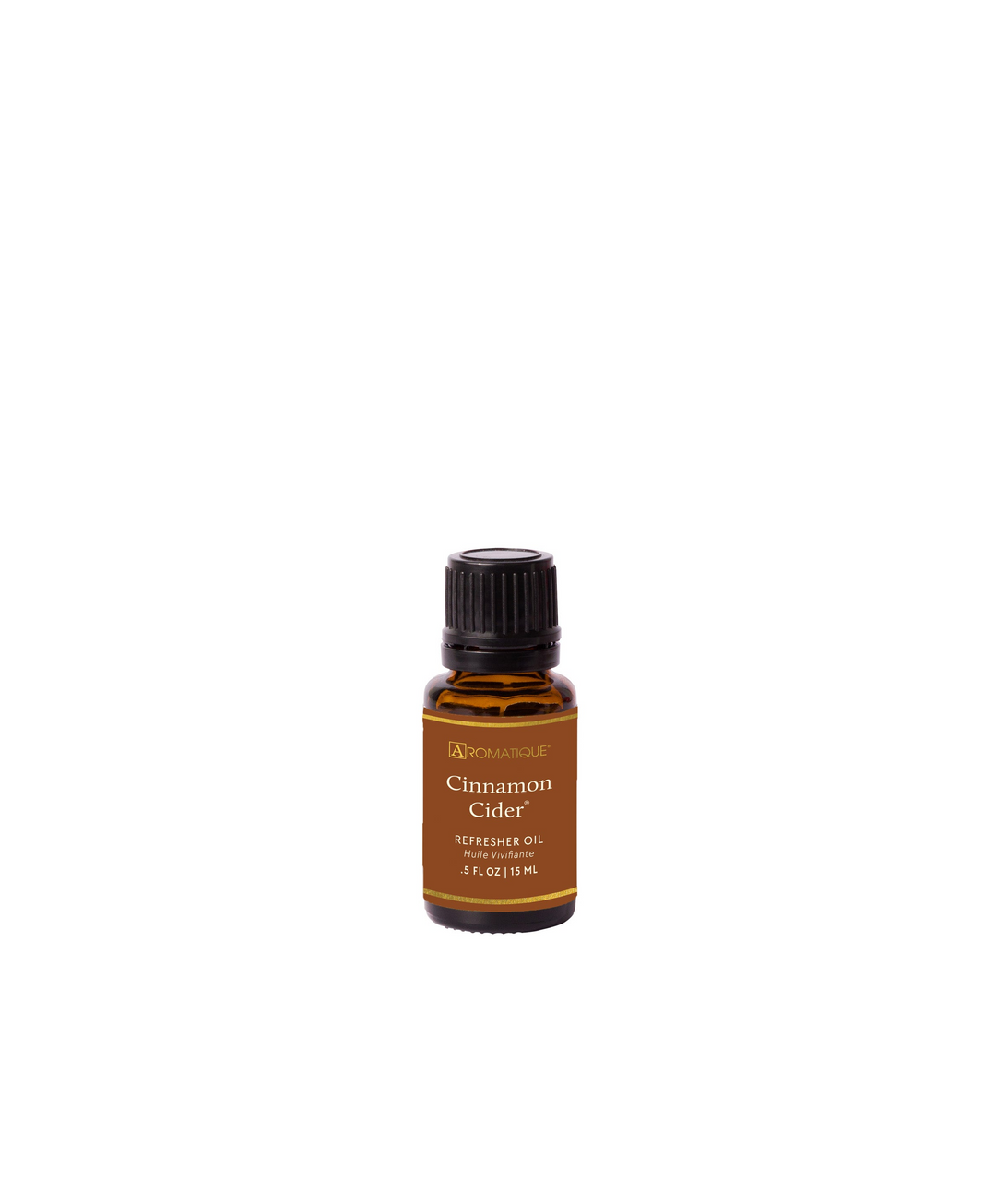 Aromatique Cinnamon Cider Refresher Oil in a 0.5 fl oz amber glass bottle with a black cap.