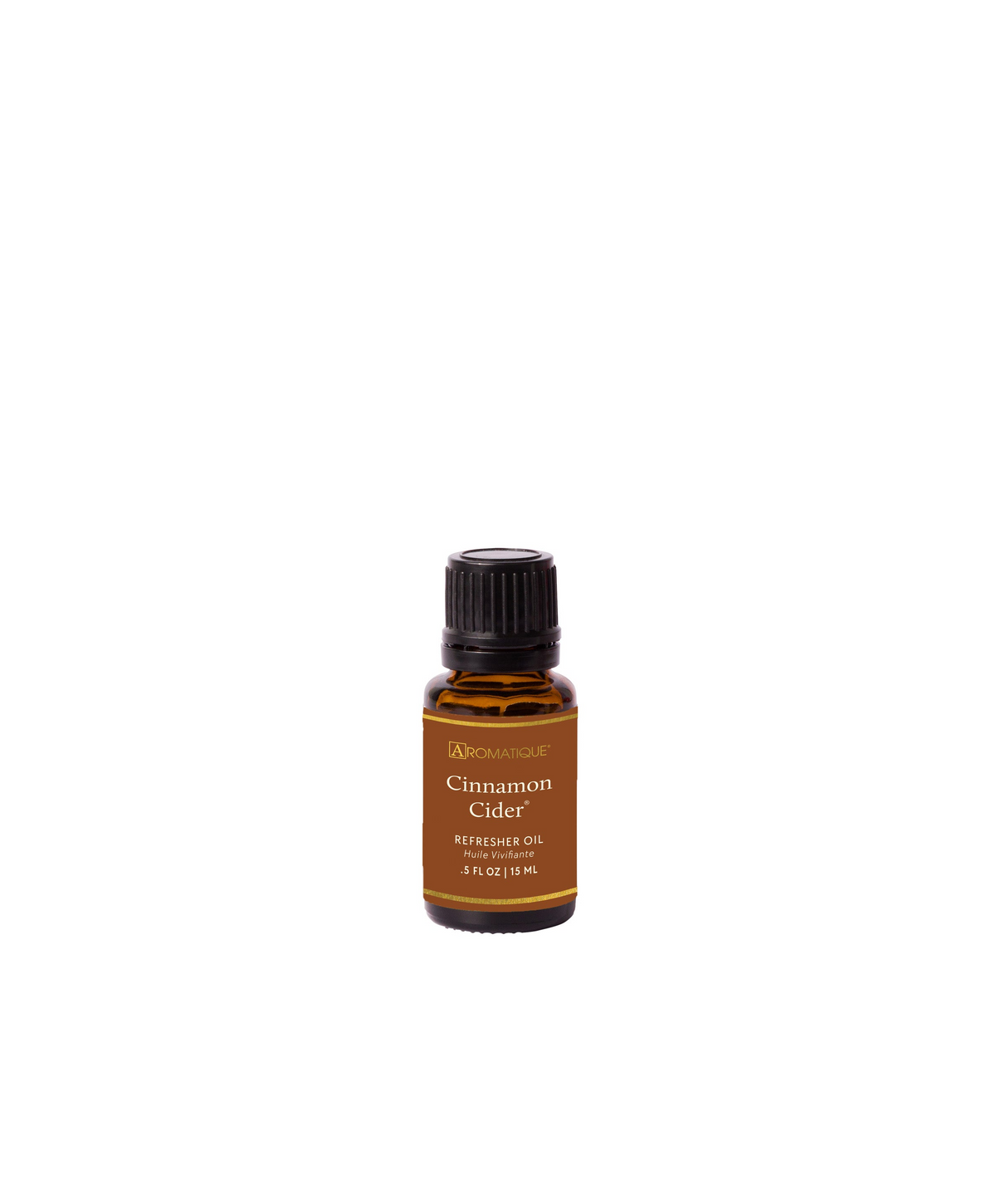 Aromatique Cinnamon Cider Refresher Oil in a 0.5 fl oz amber glass bottle with a black cap.