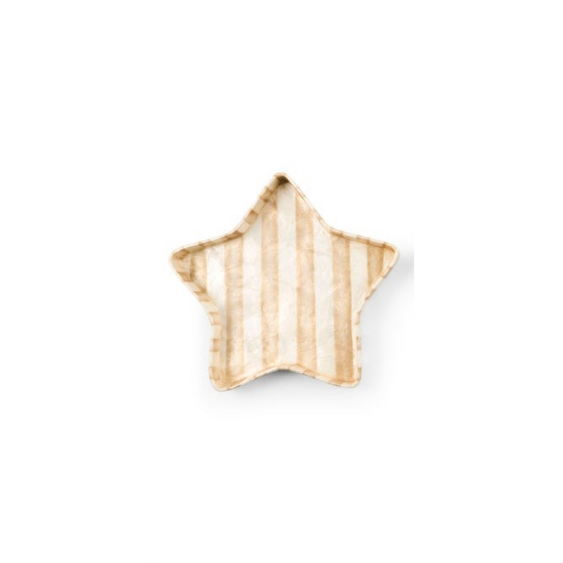 Mocha and white striped star-shaped capiz tray for trinkets and decor.