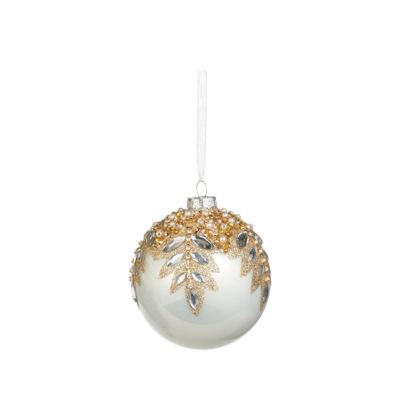 5-inch white glass ball ornament with gold glitter leaves and clear gem encrusting.