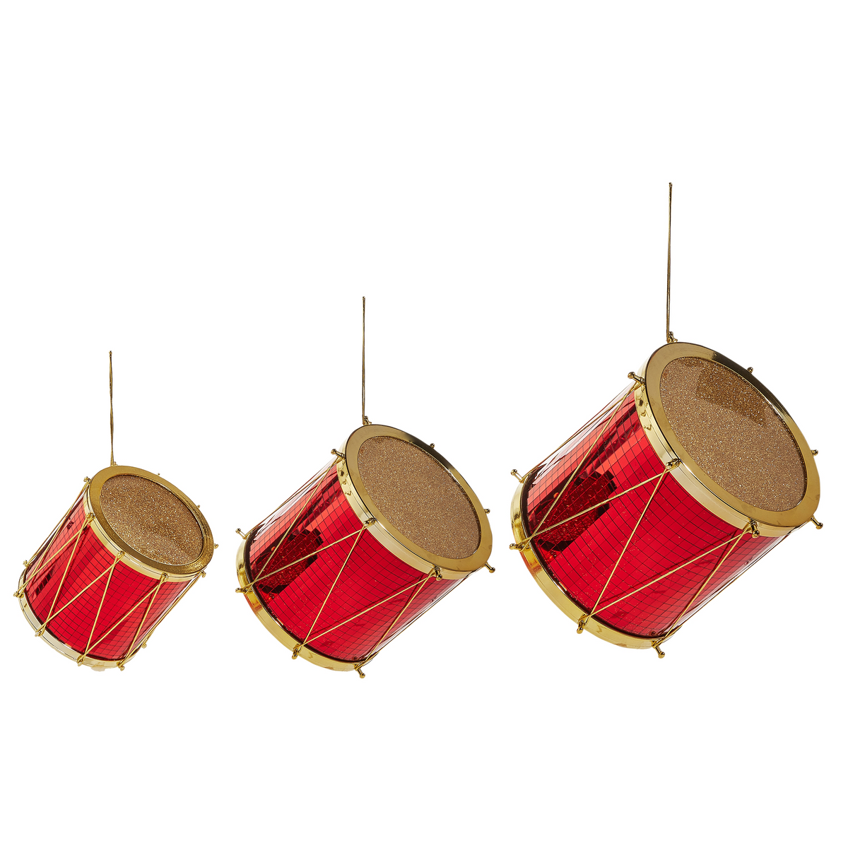 Three red and gold drum ornaments in varying sizes with glittery tops and hanging strings.