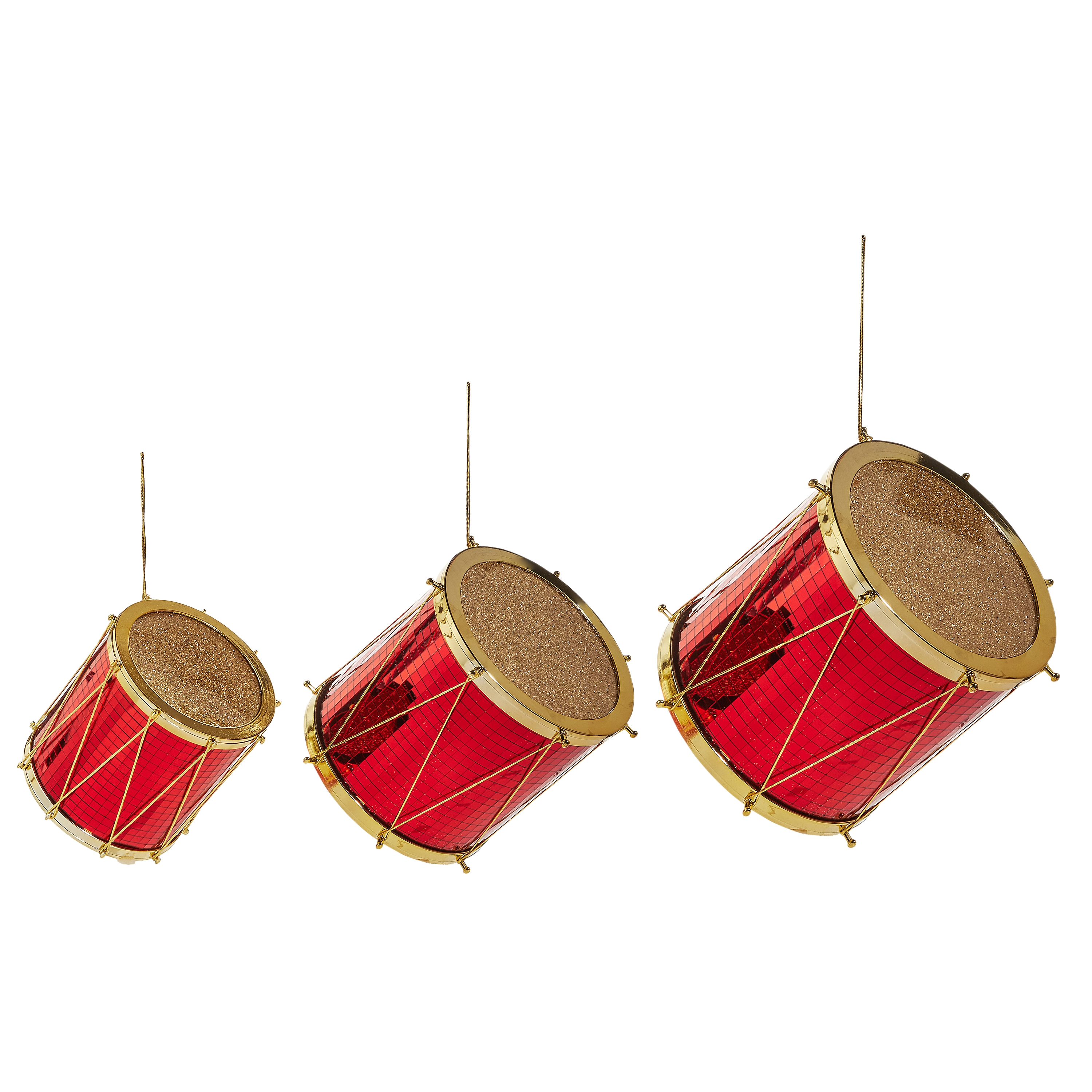 Three red and gold drum ornaments in varying sizes with glittery tops and hanging strings.