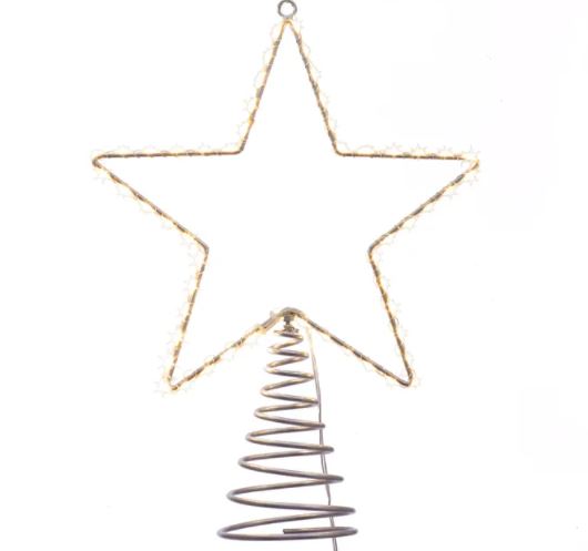 Silver metal wire star treetop with warm white steady LED lights on an 118-inch lead.