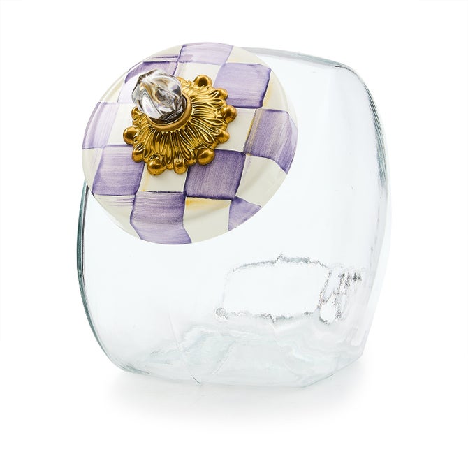 Ceramic cookie jar with violet checkered lid, white body, cylindrical silhouette
