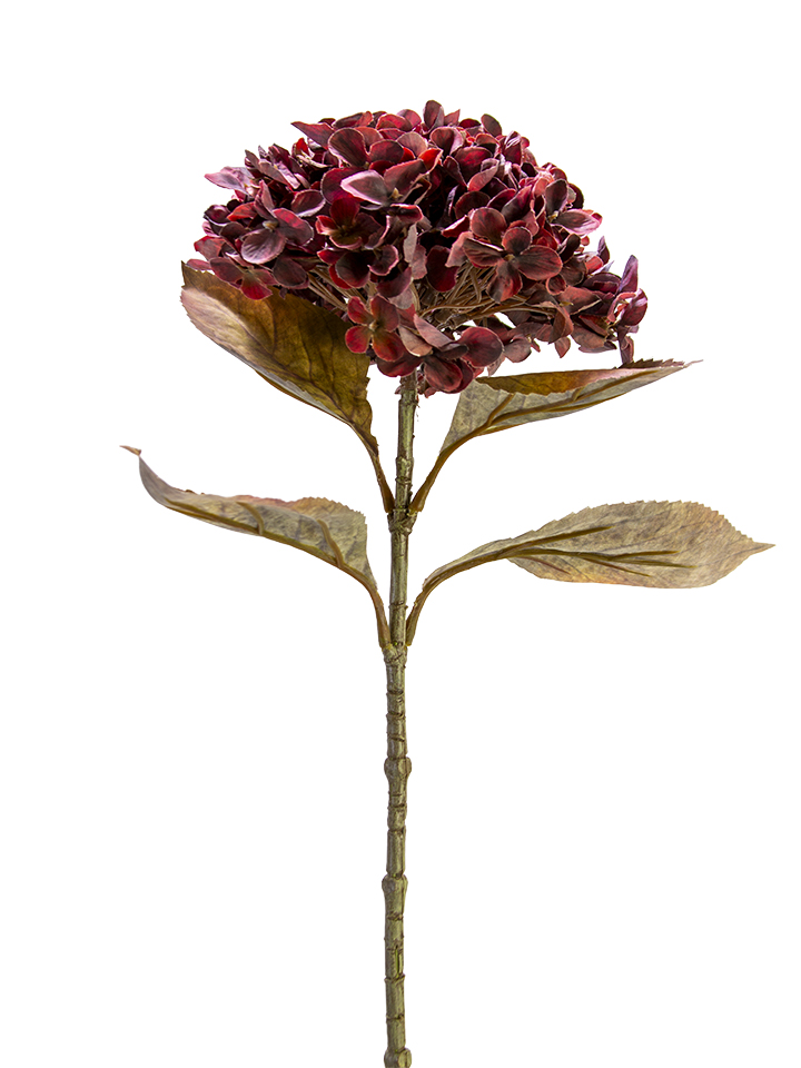 27-inch artificial hydrangea spray with dark burgundy blooms and green leaves on a single stem.
