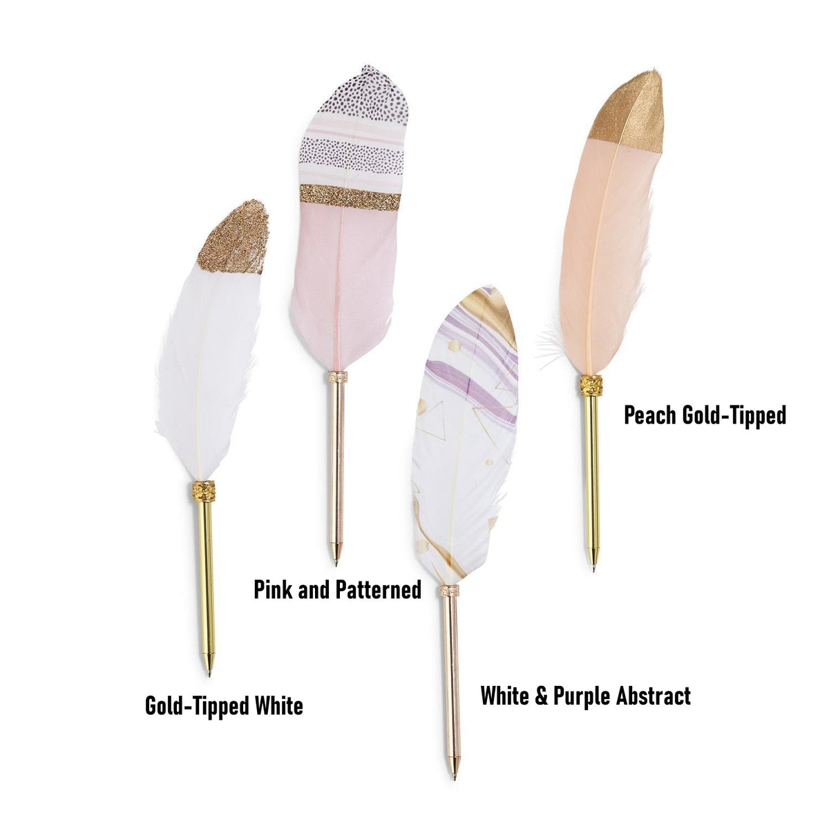 Four feather ballpoint pens in white, pink, peach, and purple patterns with gold-colored tips.