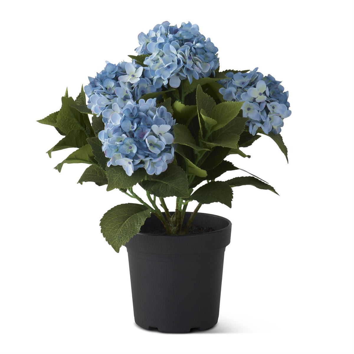 Faux hydrangea arrangement with five blooms in a plastic pot filled with faux dirt.