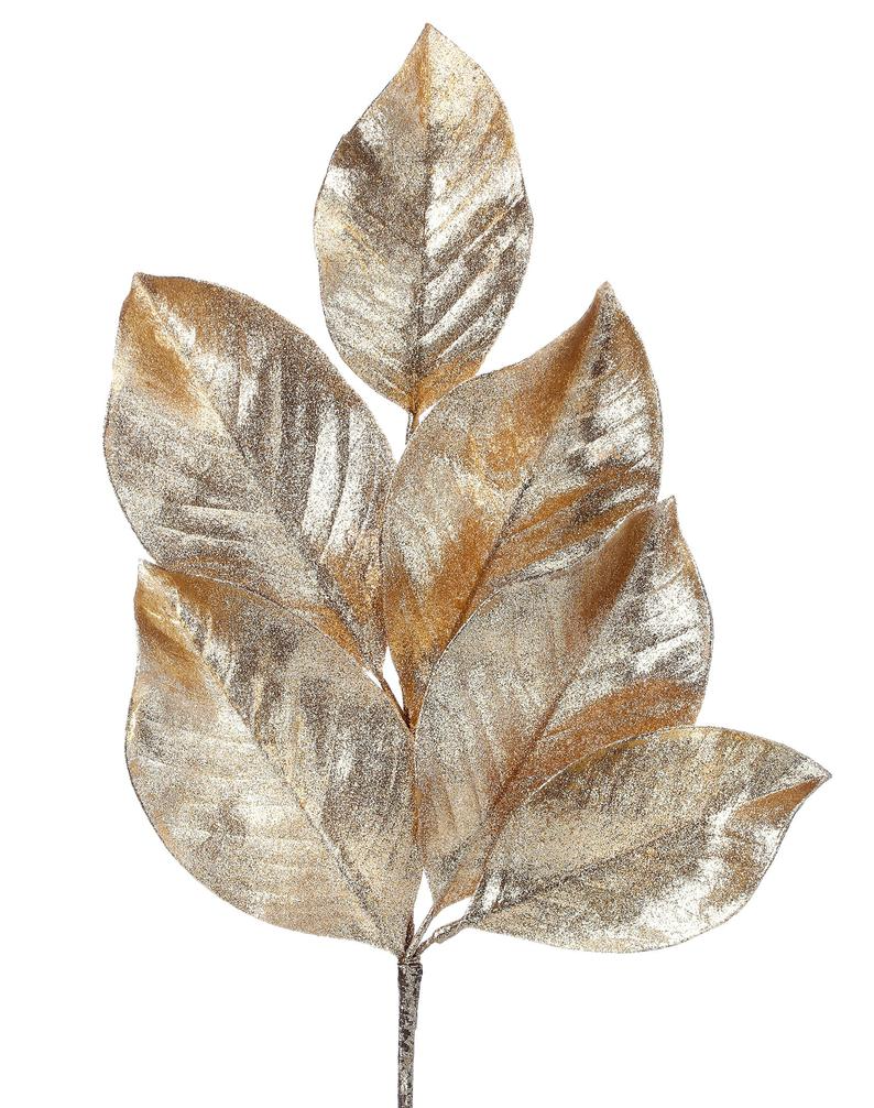 Champagne glitter magnolia leaf spray measuring 19.5 inches tall with a natural silhouette.