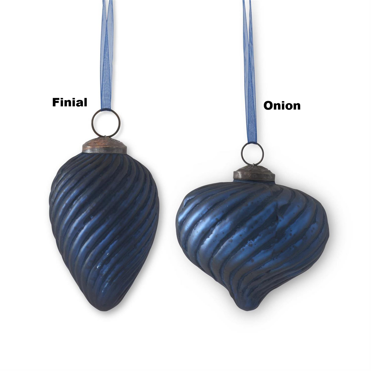 Two frosted blue glass swirl ornaments in finial and onion shapes with blue ribbons.