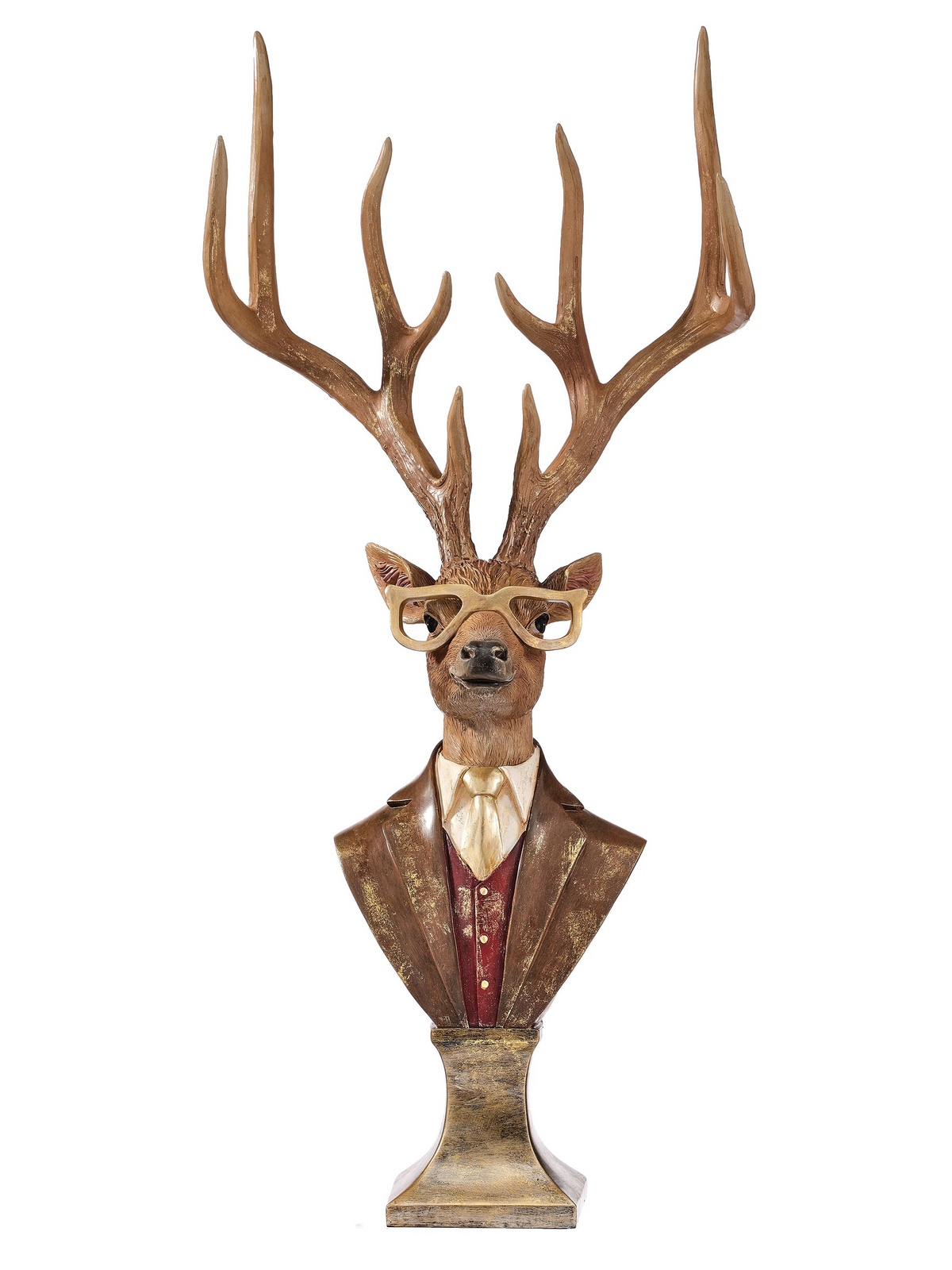 25-inch resin deer bust on a pedestal wearing gold glasses, a suit jacket, and a tie.