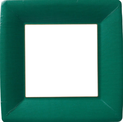 Package of eight square off-white dinner plates with a wide dark green border.