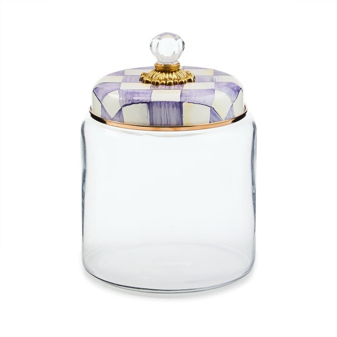 Violet check large kitchen canister with a cylindrical silhouette