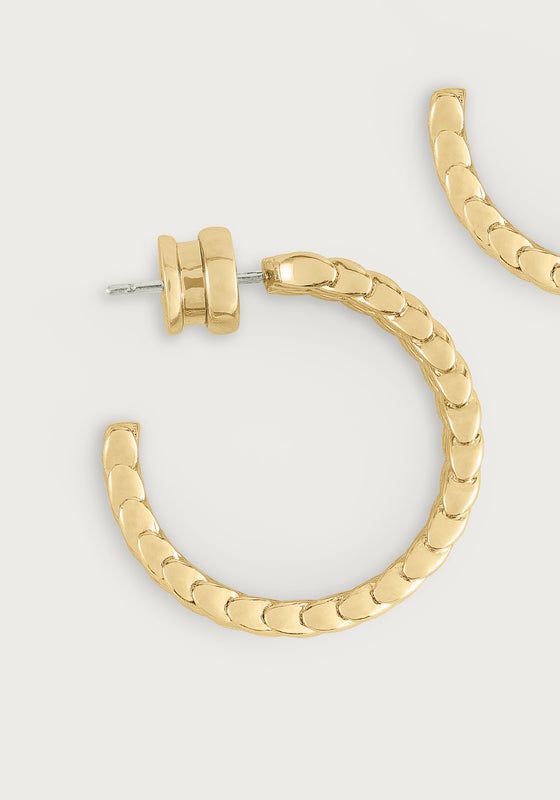 18K gold plated brass Cheval Braided Hoops featuring a textured, braided reins motif.