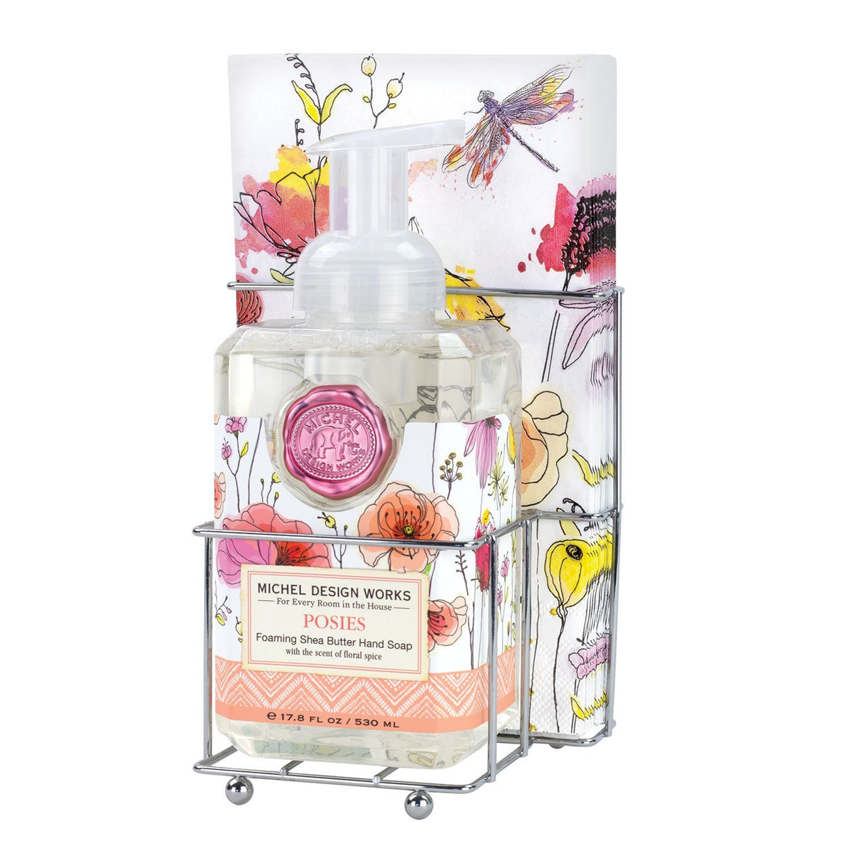 Foaming soap dispenser with matching napkin holder in a compact countertop set.