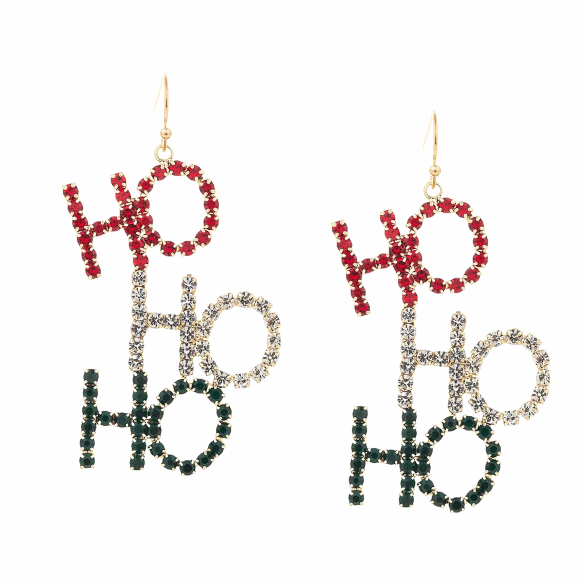 Crystal 'Ho Ho Ho' dangle earrings featuring red, silver, and green rhinestones.
