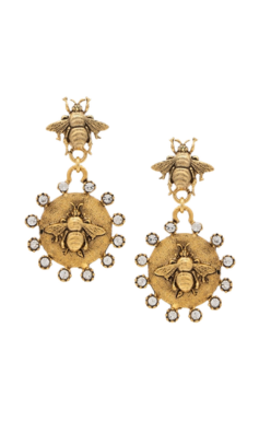 Ramirez Bee Earrings in antique gold-tone with bee motifs and crystal-accented medallions.