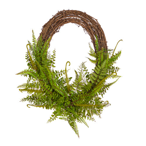 Artificial mixed fern wreath with plastic leaves on twig stems in an oval silhouette.