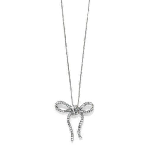 Silver plated adjustable bow necklace with fine quality crystals on a delicate chain.