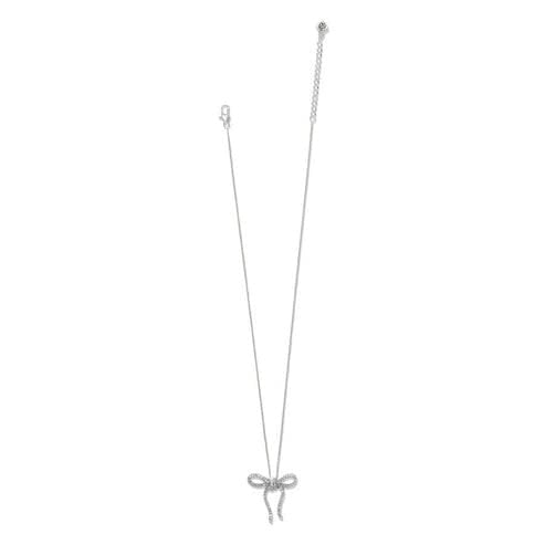 Silver plated adjustable bow necklace with fine crystals on a lobster claw clasp.