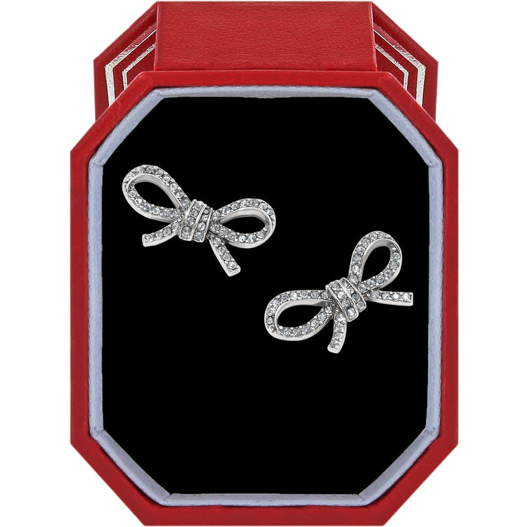 Silver plated post earrings featuring a bow shape with fine quality crystals in an exclusive gift box.