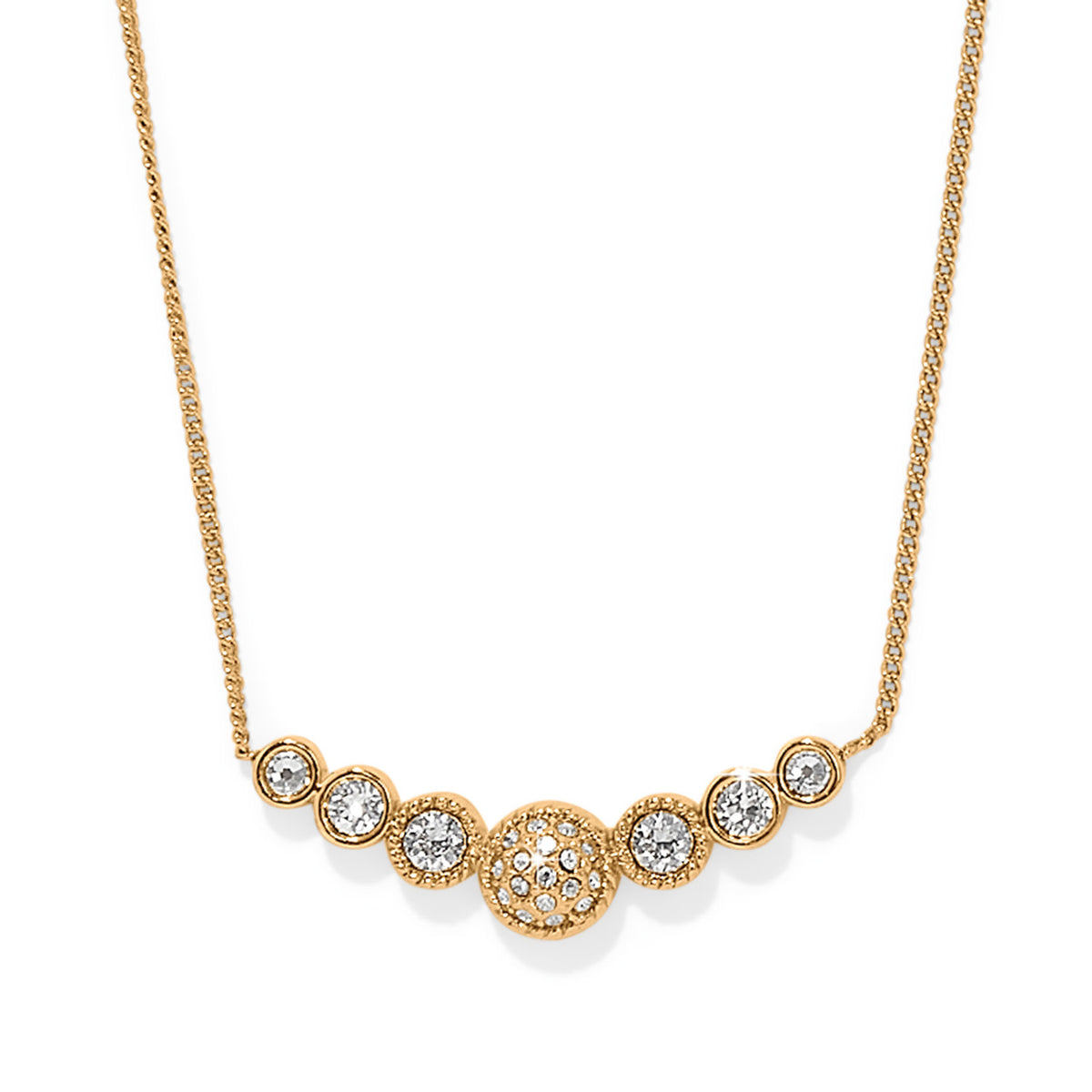 Gold plated Celeste bar necklace with lobster claw closure on a chain.