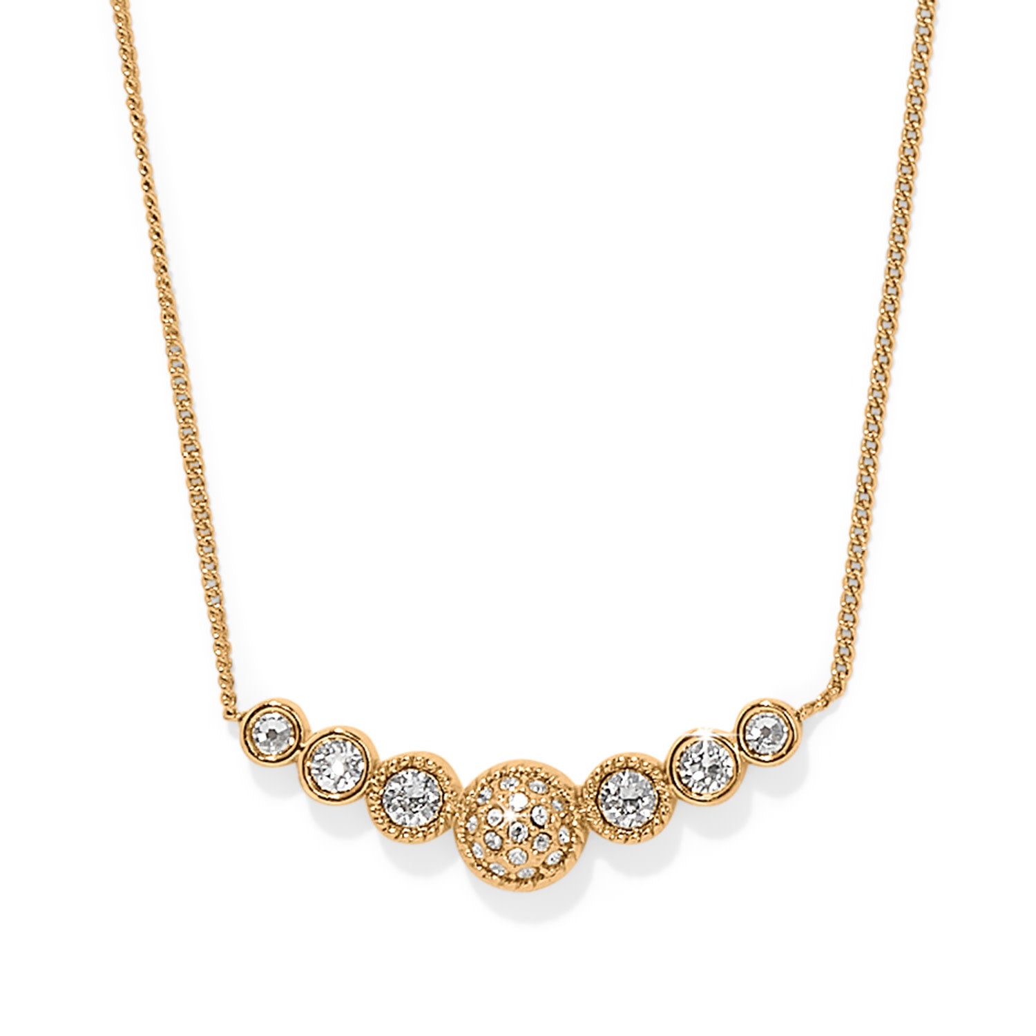 Gold plated Celeste bar necklace with lobster claw closure on a chain.