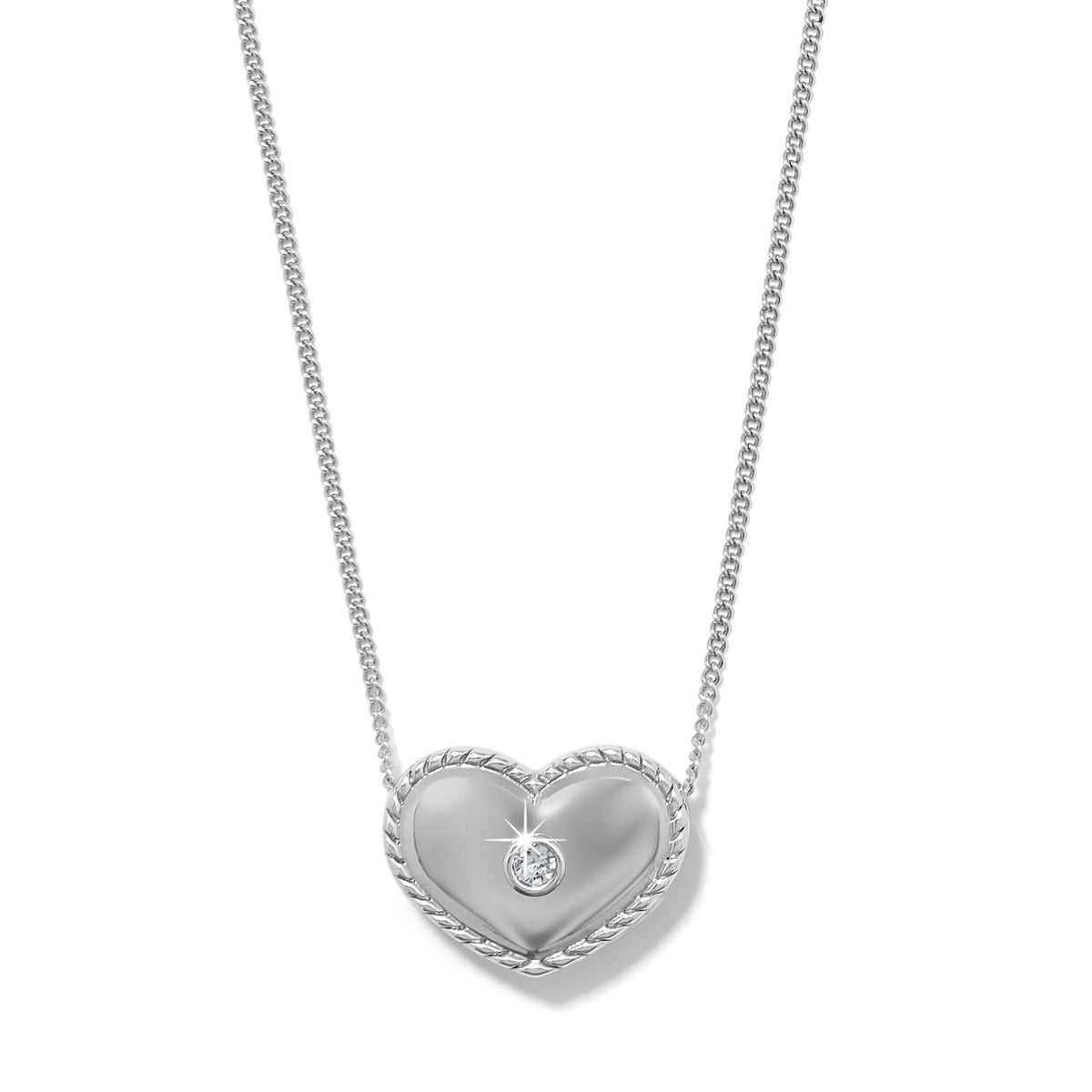 Silver plated Illumina Celeste Bold necklace featuring a heart-shaped pendant with fine quality crystals on an adjustable chain.