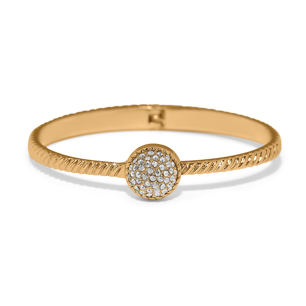 Gold plated hinged bangle featuring a bulbous pavé dome encircled by fine roping.