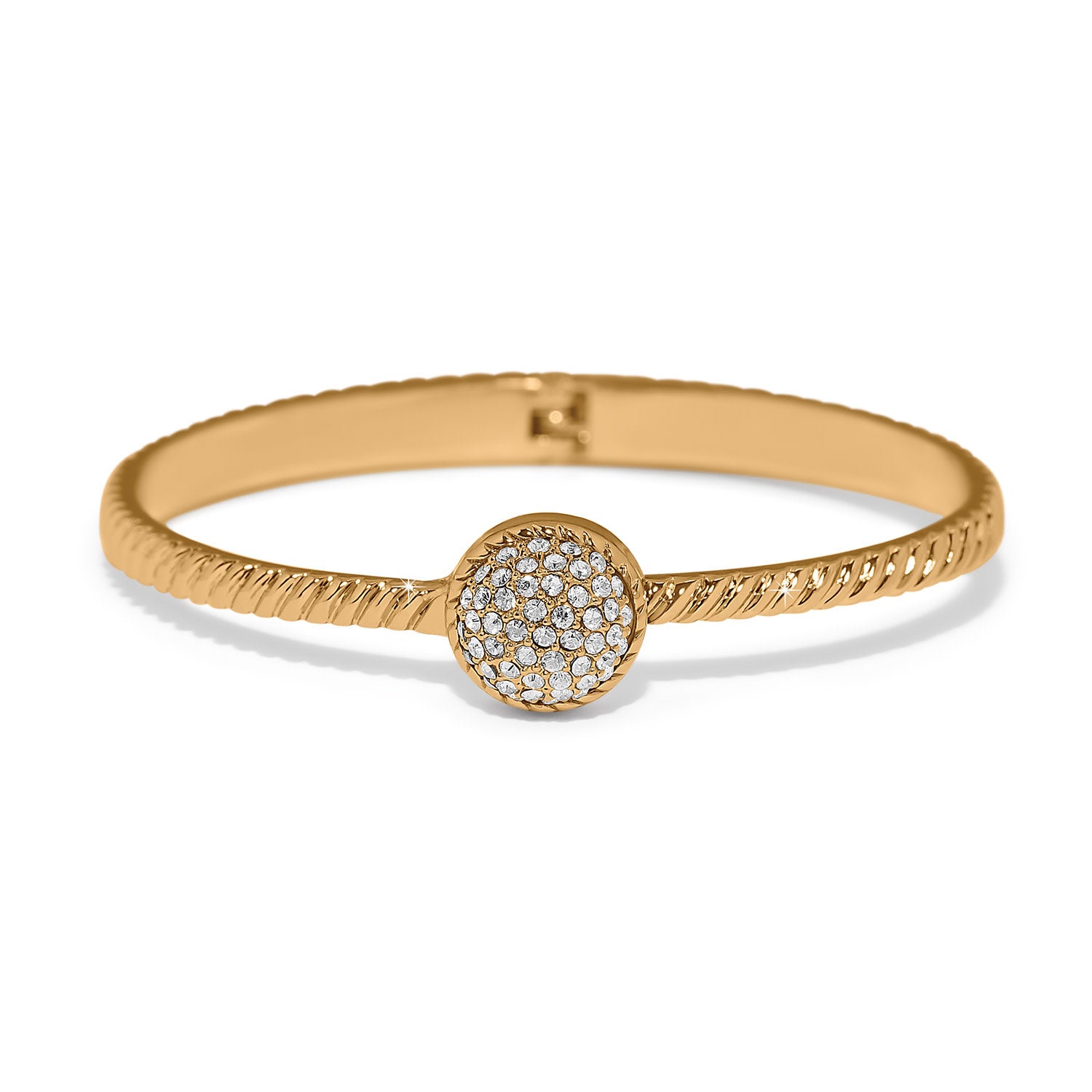 Gold plated hinged bangle featuring a bulbous pavé dome encircled by fine roping.