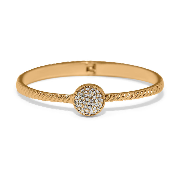 Gold plated hinged bangle featuring a bulbous pavé dome encircled by fine roping.