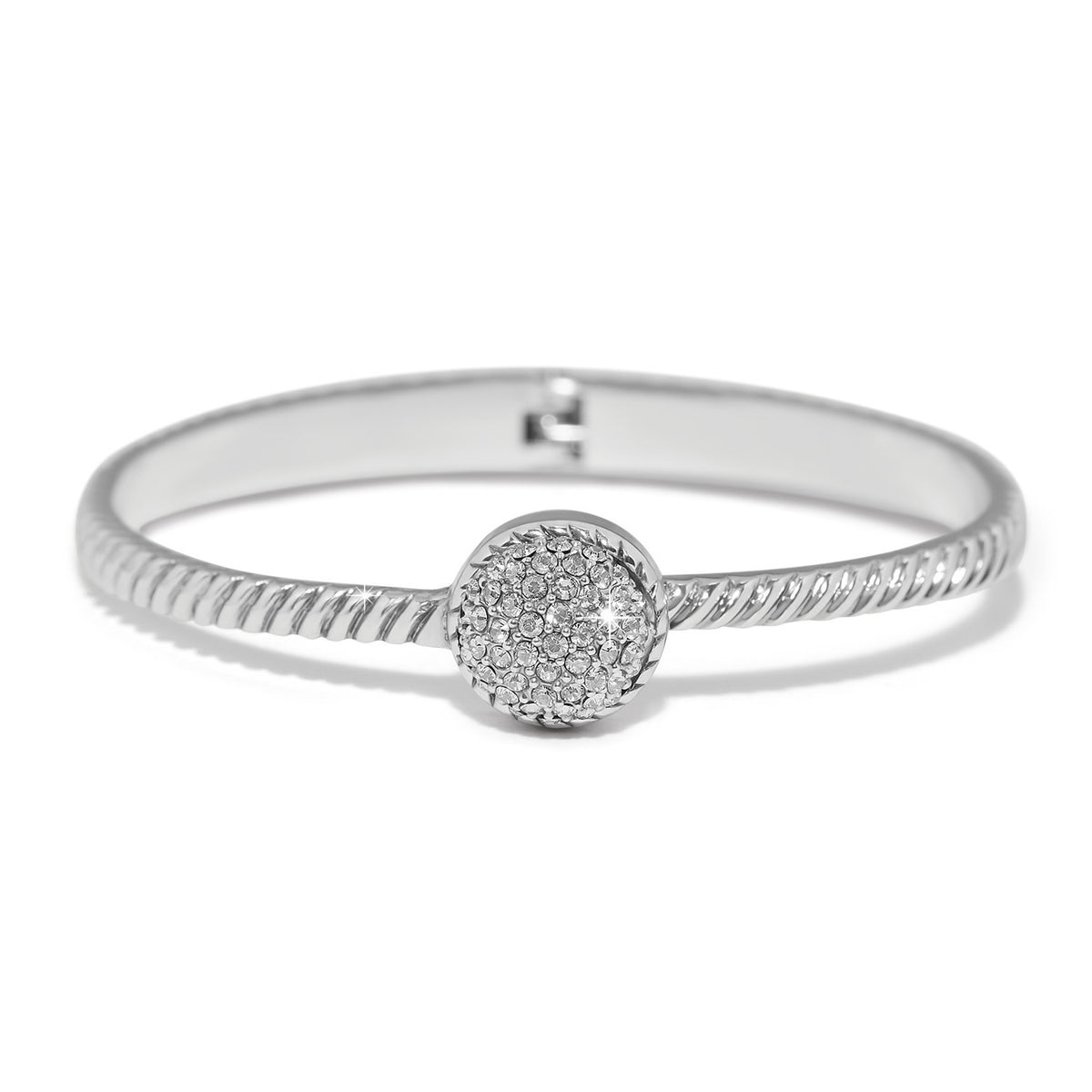Gold plated hinged bangle with fine quality crystals in a dome silhouette.