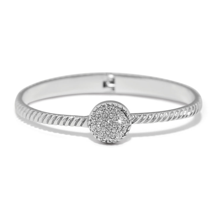 Gold plated hinged bangle with fine quality crystals in a dome silhouette.