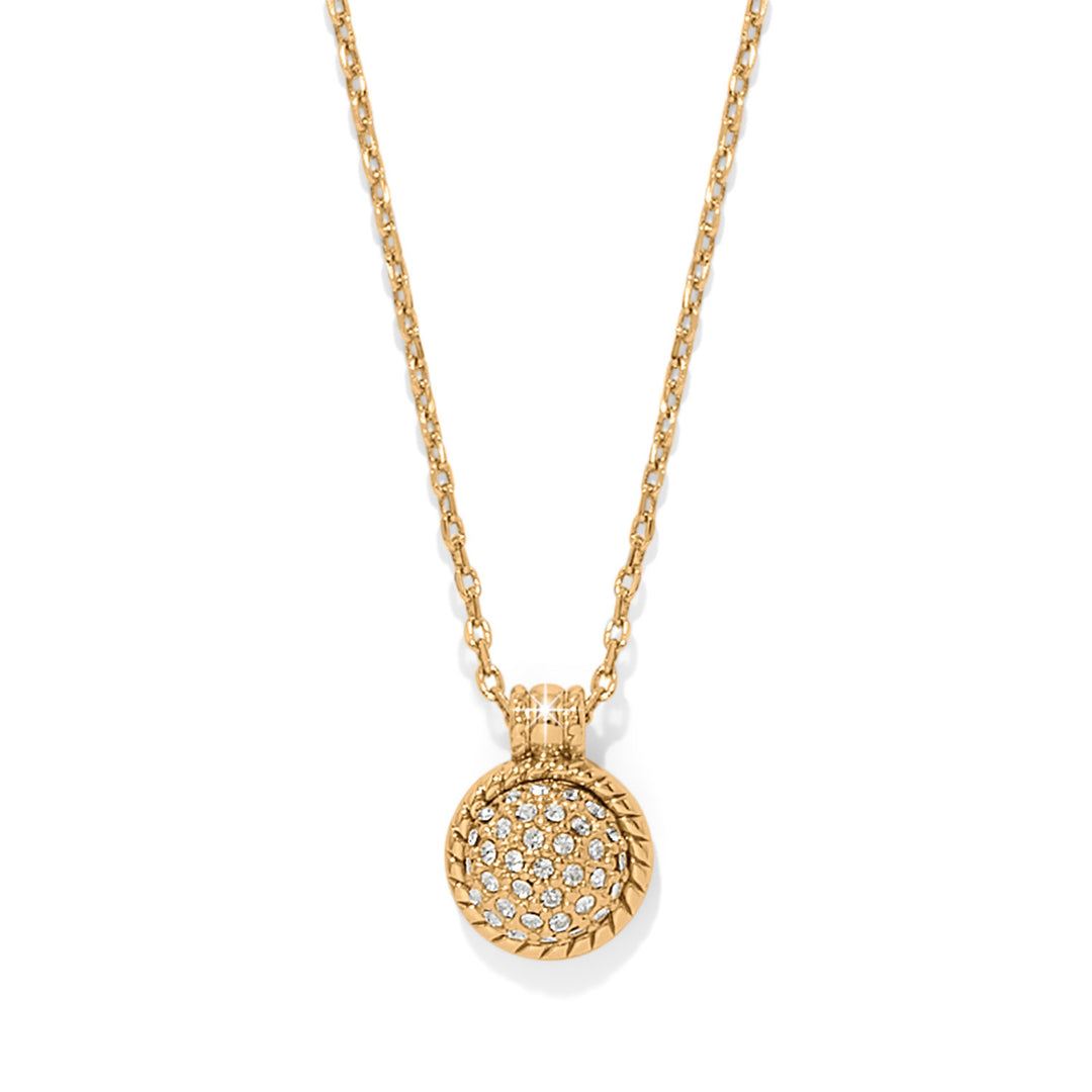Gold plated dome necklace with encrusted crystals and a roped border on an adjustable chain.