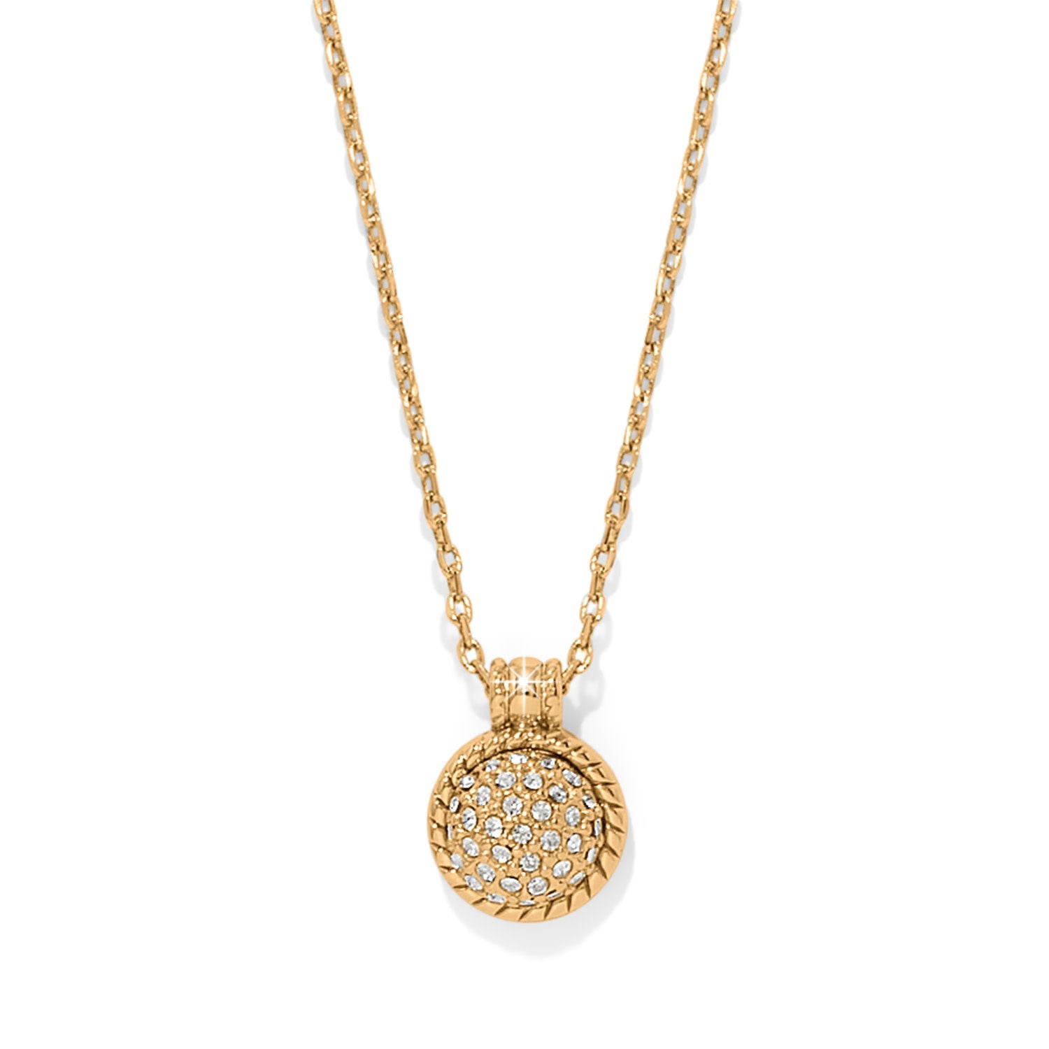 Gold plated dome necklace with encrusted crystals and a roped border on an adjustable chain.