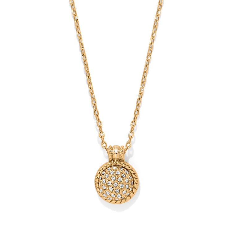 Gold plated dome necklace with encrusted crystals and a roped border on an adjustable chain.