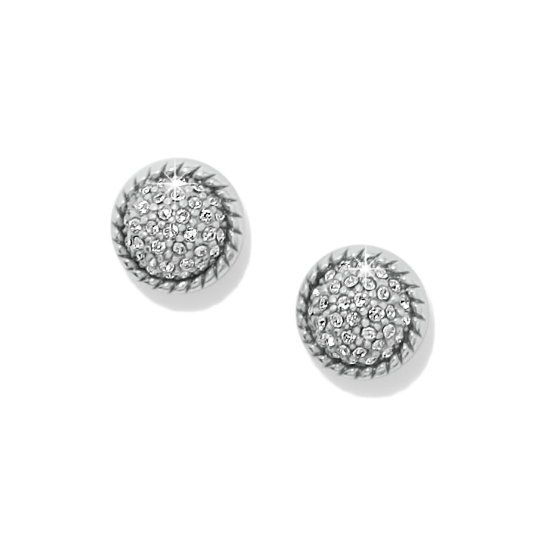 Silver plated post earrings featuring a half-inch wide dome with fine quality crystals.