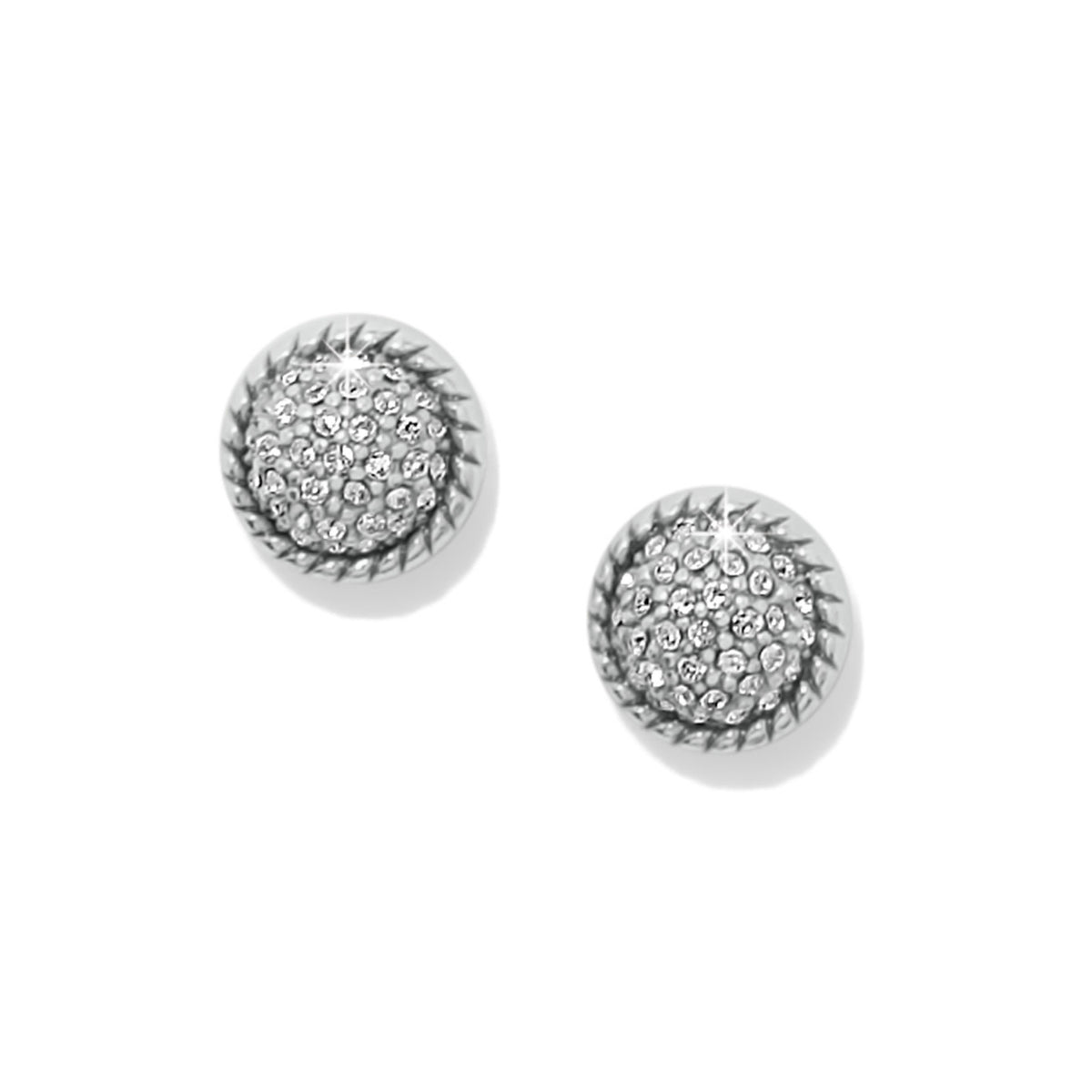 Silver plated post earrings featuring a half-inch wide dome with fine quality crystals.