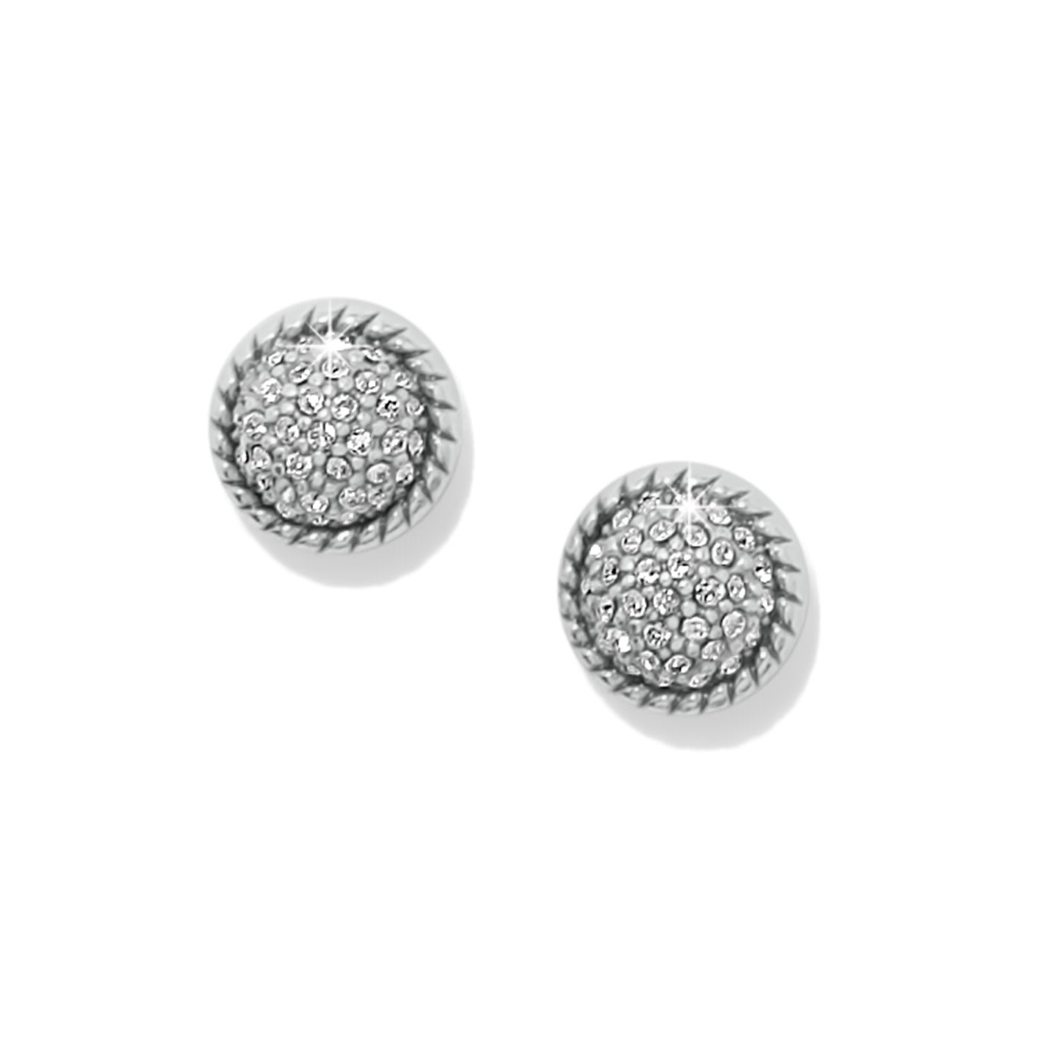 Silver plated post earrings featuring a half-inch wide dome with fine quality crystals.