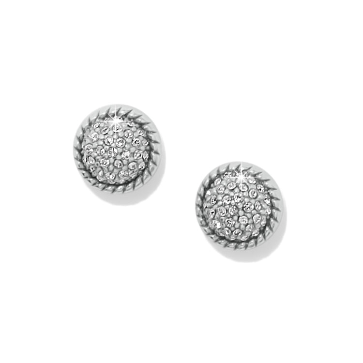 Silver plated post earrings featuring a half-inch wide dome with fine quality crystals.