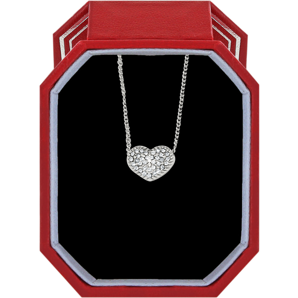 Silver plated heart pendant necklace with pave crystals in an exclusive gift box