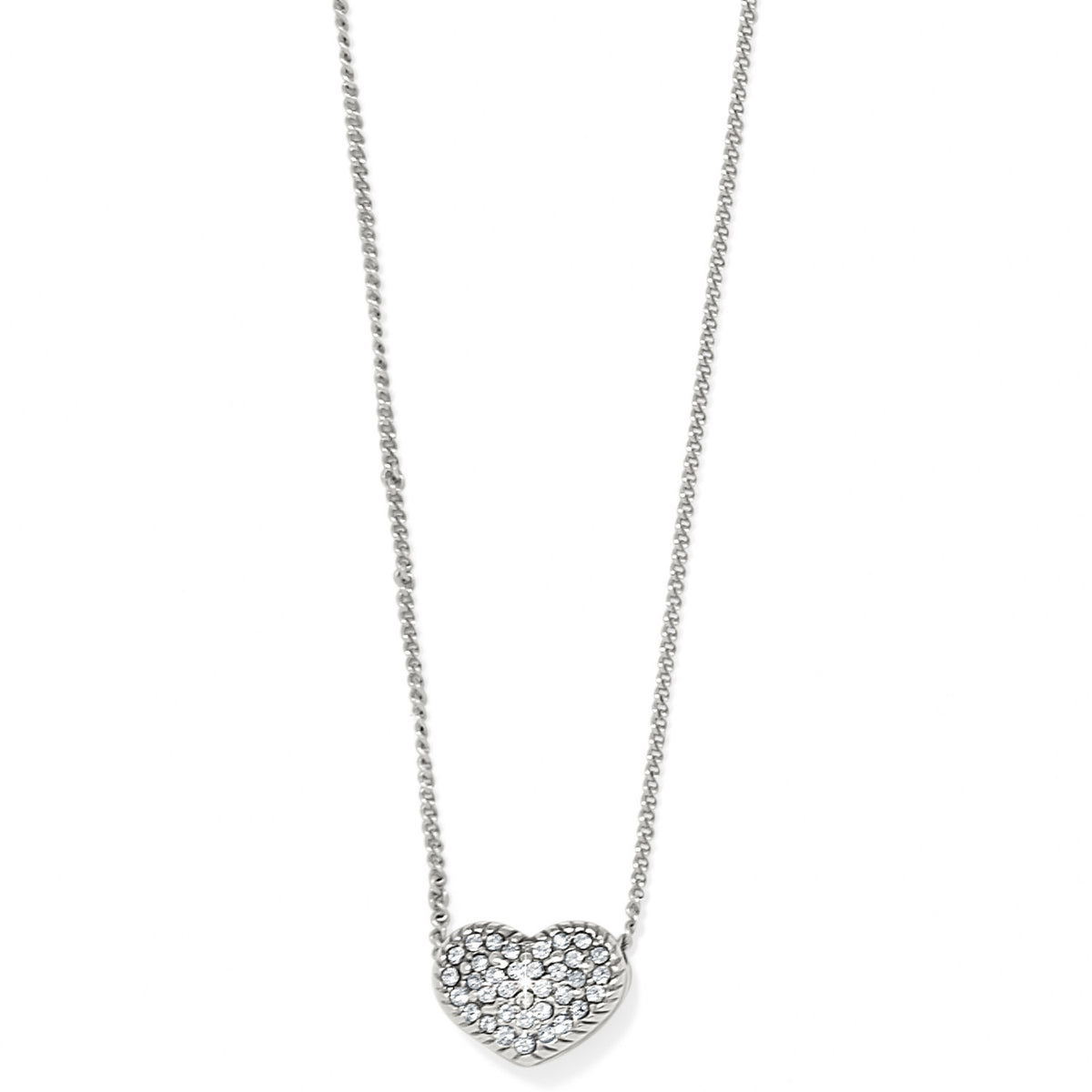 Silver plated petite heart necklace with fine quality crystals on a delicate chain.