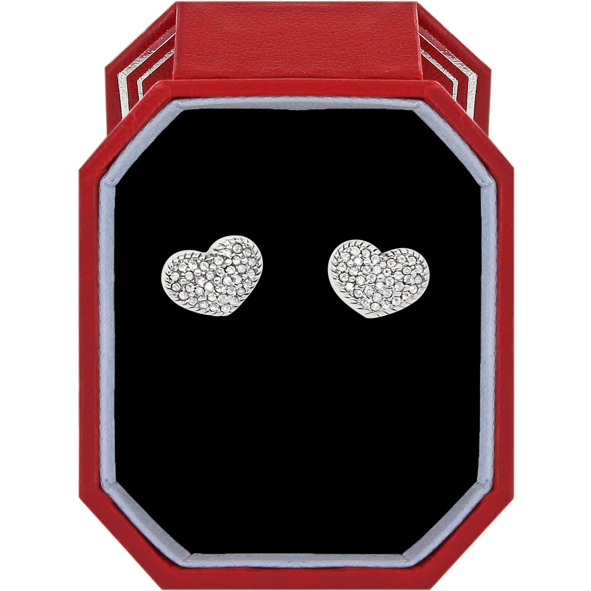 Silver plated heart shaped post earrings with pave crystal detailing in an exclusive gift box.